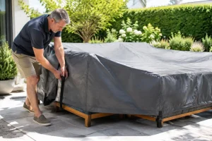 Un propriétaire installe une housse de protection anti-UV sur son mobilier jardin plein soleil sur une terrasse ensoleillée.