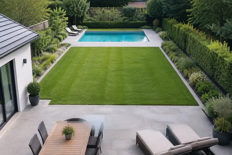 Aménagement paysager structurant les espaces d'un plan de jardin rectangulaire avec piscine.