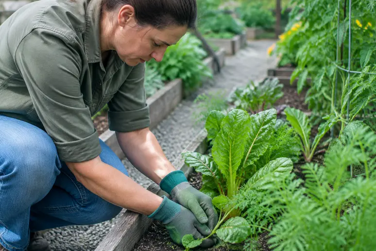 Jardinier travaillant dans un potager fonctionnel aux planches de culture rectangulaires bien délimitées.