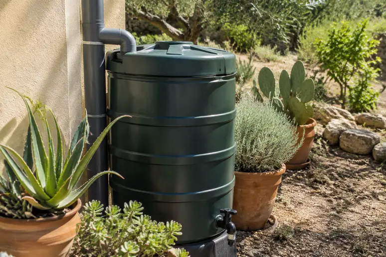 Cuve de récupération d'eau de pluie installée dans un jardin sec pour faire face aux restrictions