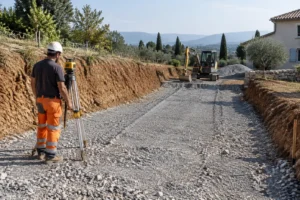 Travaux de terrassement pour préparer le support d'une allée sur sol argileux dans l'Hérault