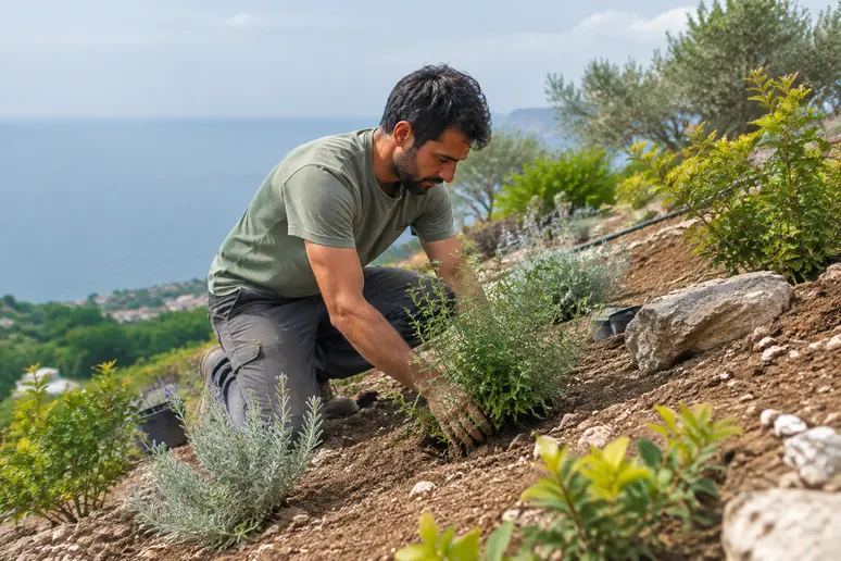 Jardinier plantant des arbustes résistants pour stabiliser un talus méditerranéen en pente.