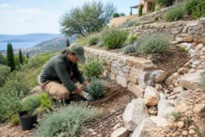 Aménagement de terrasses en pierre et plantation de végétaux pour prévenir le ruissellement dans un jardin méditerranéen en pente