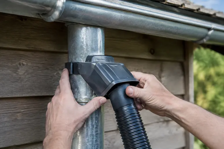 Installation d'un dispositif de dérivation sur une descente de gouttière pour récupérer l'eau de toiture sans risque.
