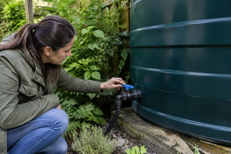 Contrôle d'une installation de récupération d'eau de pluie pour arroser le jardin en toute sécurité.