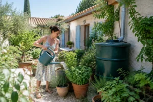 Propriétaire arrosant des plantes ensoleillées avec de l'eau de pluie pour récupérer l'eau de toiture pour arroser un jardin à Montpellier