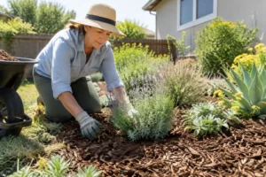 Jardinier paillant le sol d'un massif pour réduire l'évaporation dans un jardin plein sud