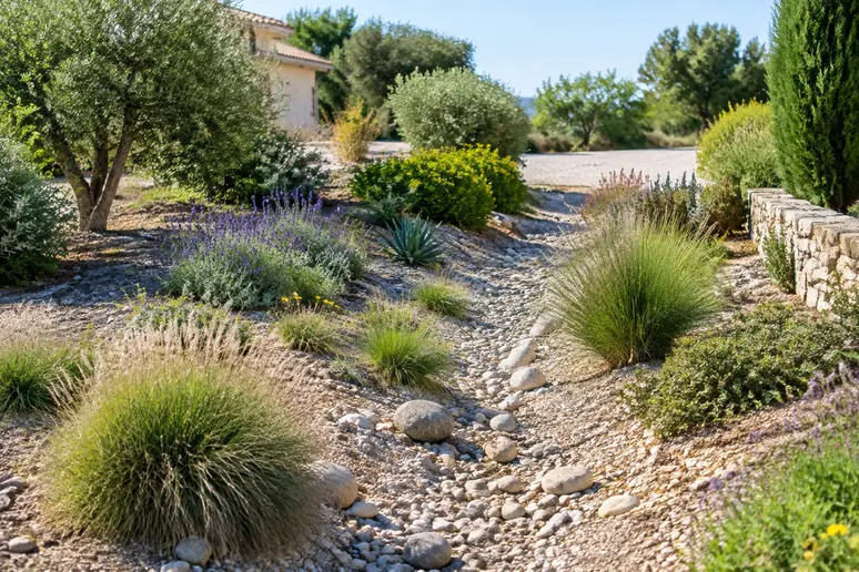 Aménagement d'une noue végétalisée avec des plantes basses et espacées dans un fossé de jardin