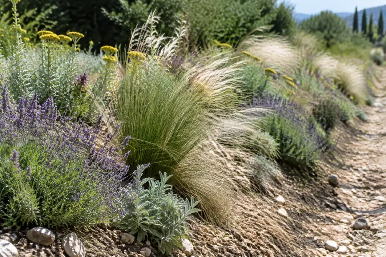 Vivaces résistantes à la sécheresse et graminées plantées pour végétaliser un fossé de jardin dans le Sud